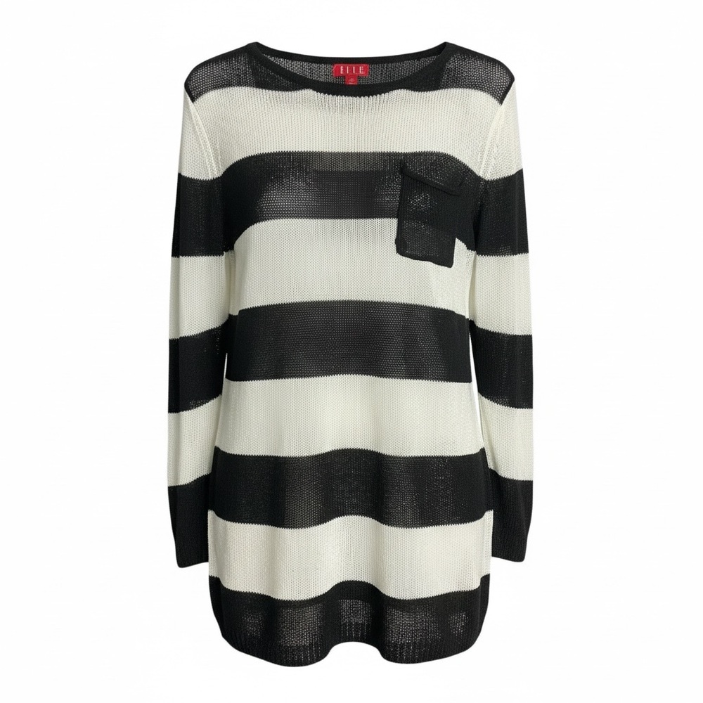 Elle Black and White Striped Crewneck Sweater